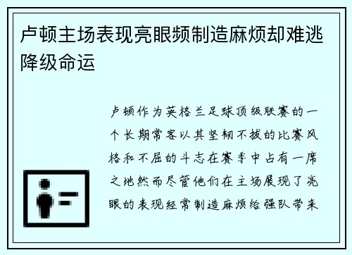卢顿主场表现亮眼频制造麻烦却难逃降级命运