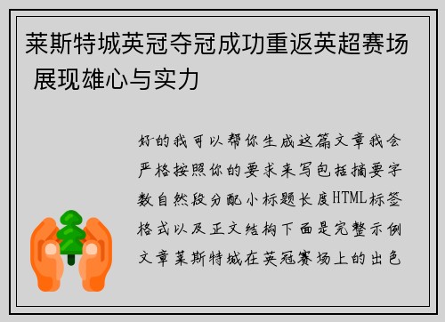 莱斯特城英冠夺冠成功重返英超赛场 展现雄心与实力